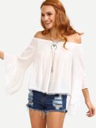 Romwe Off-the-shoulder Bell Sleeve Top - White