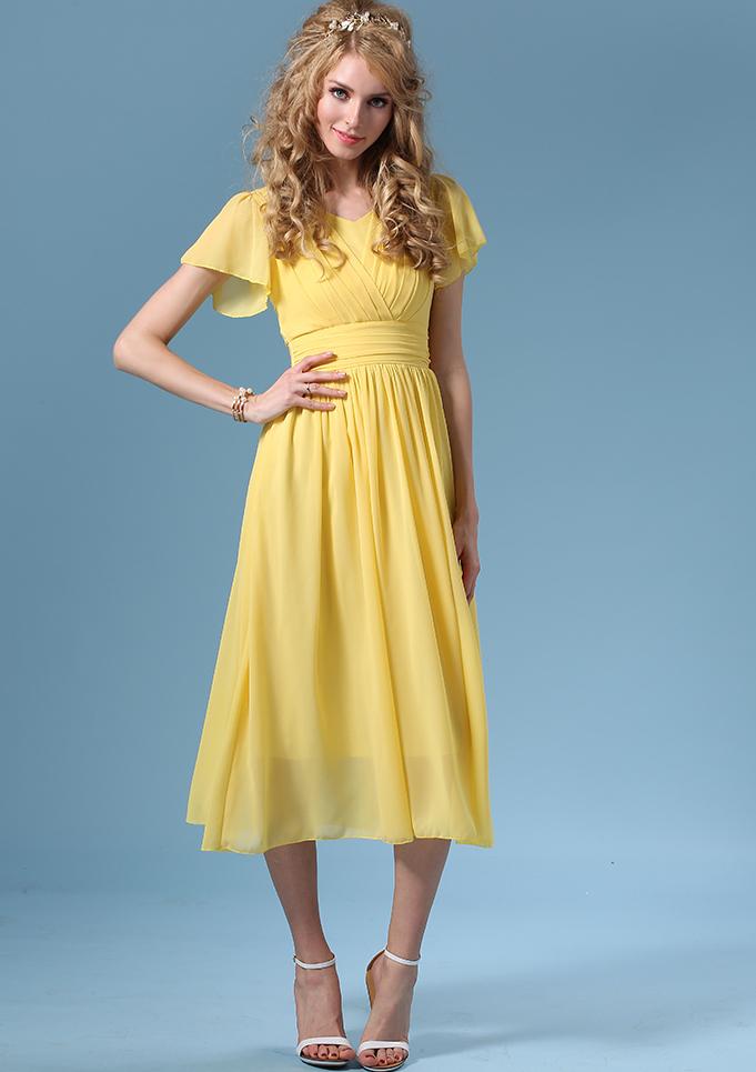 Romwe Ruffle Sleeve Pintucked Chiffon Yellow Dress