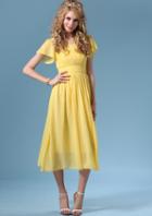 Romwe Ruffle Sleeve Pintucked Chiffon Yellow Dress