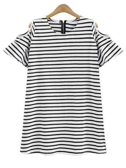 Romwe White Striped Cold Shoulder Ruffle Dress