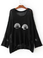 Romwe Black Scallop Sequined High Low Sweater