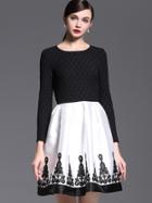 Romwe White Black Round Neck Long Sleeve Embroidered Dress