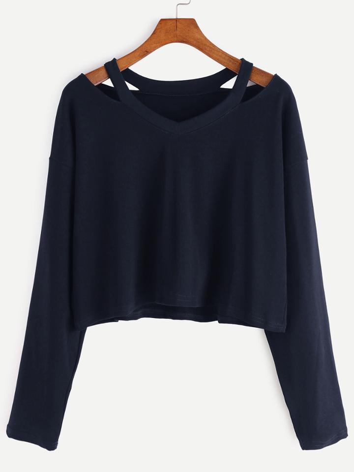 Romwe Navy Cut Out Neck T-shirt