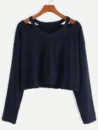 Romwe Navy Cut Out Neck T-shirt