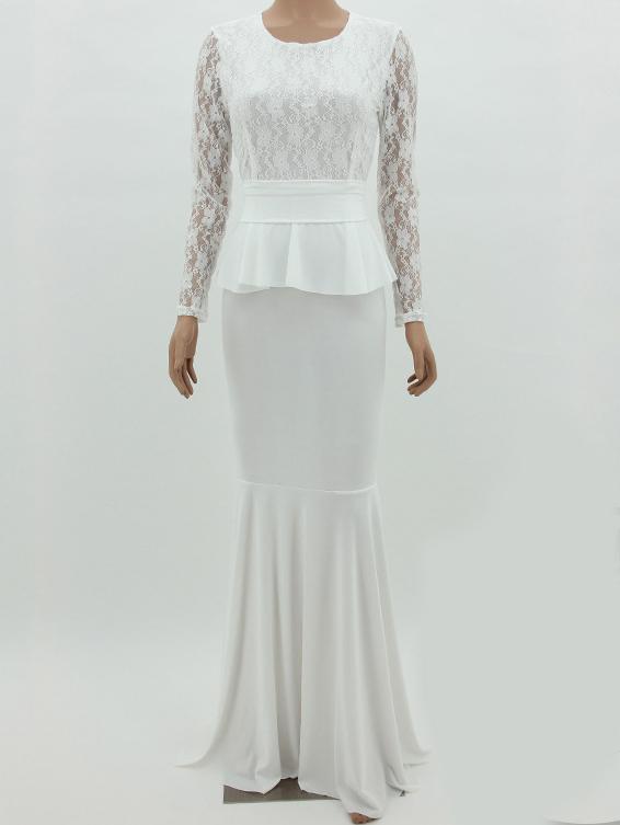 Romwe Contrast Lace Peplum Waist Bow Mermaid White Dress
