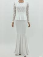 Romwe Contrast Lace Peplum Waist Bow Mermaid White Dress