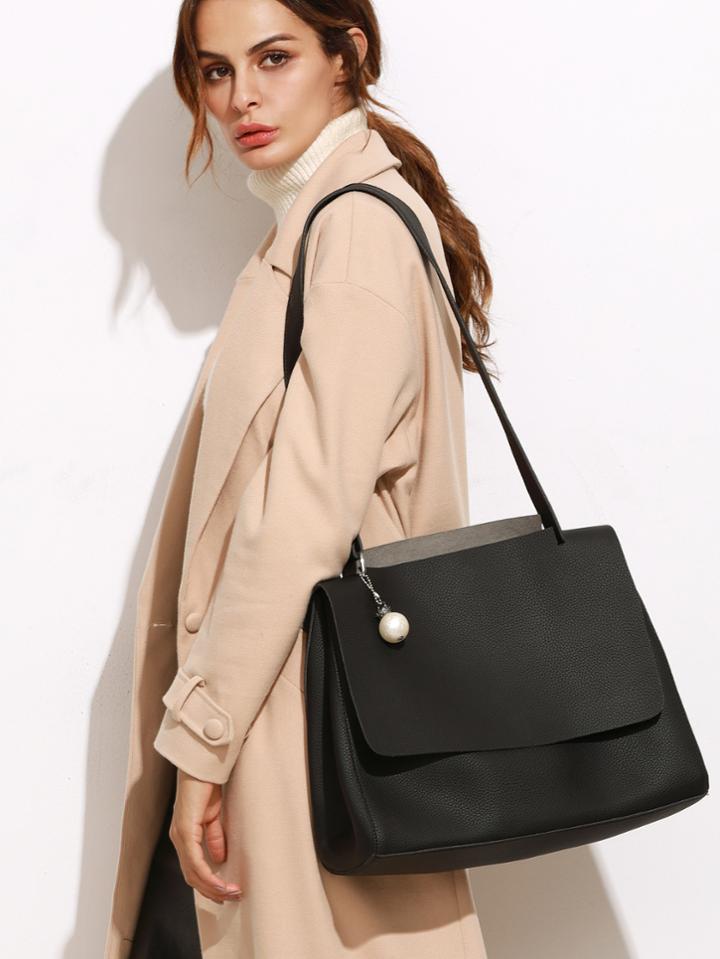Romwe Black Pebbled Pu Faux Pearl Flap Shoulder Bag