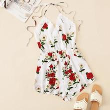 Romwe Lace Trim Knot Backless Floral Halter Romper