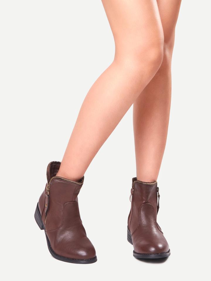 Romwe Brown Faux Leather Side Zipper Mid Heeled Boots