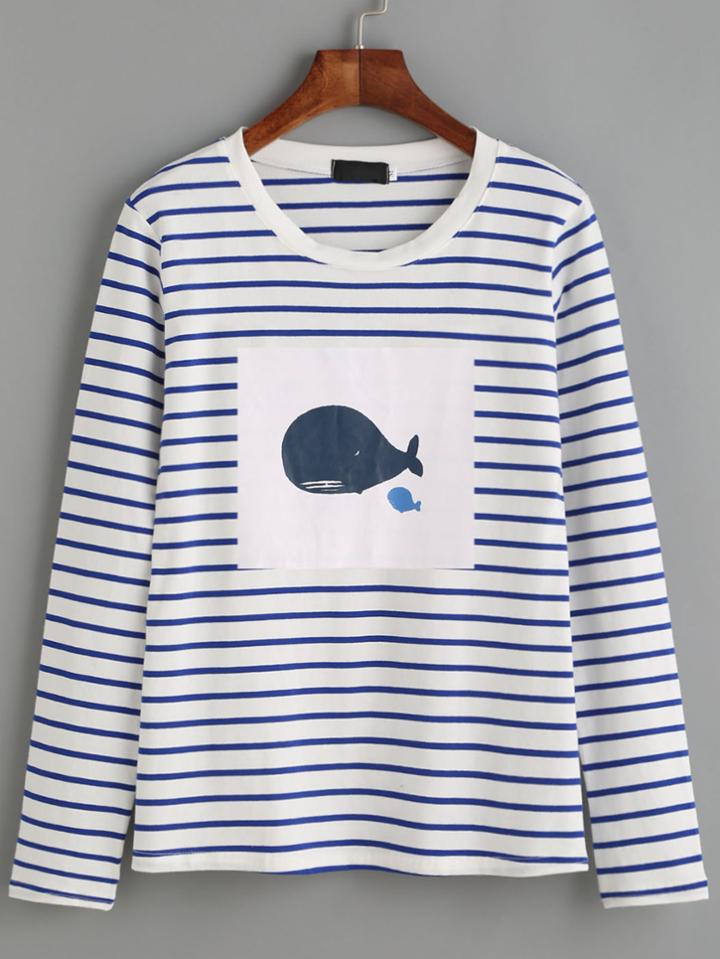 Romwe White Striped Whale Print T-shirt