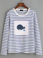 Romwe White Striped Whale Print T-shirt