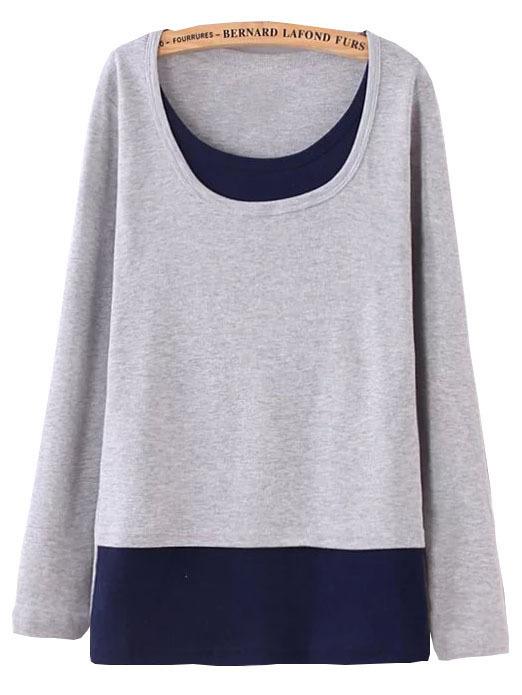 Romwe Long Sleeve Contrast Combo Grey T-shirt