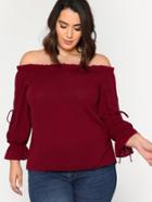 Romwe Frill Off Shoulder Knotted Split Sleeve Top