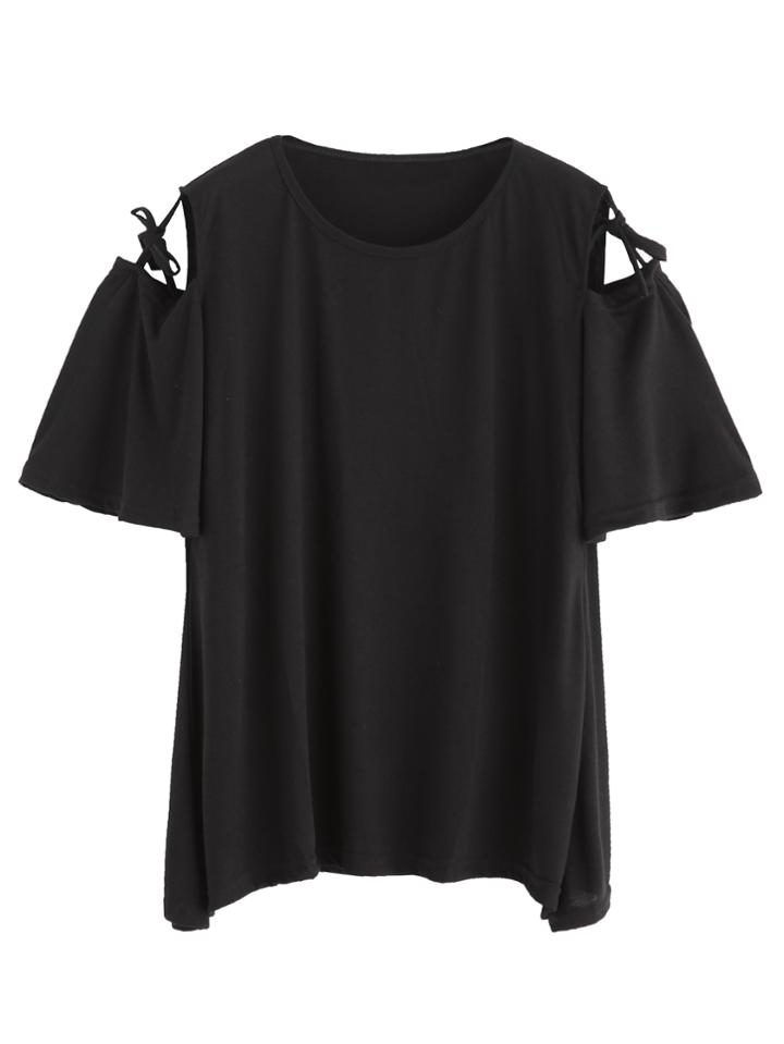 Romwe Black Open Shoulder Tie Detail T-shirt