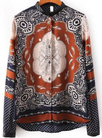 Romwe Coffee Long Sleeve Vintage Print Loose Blouse