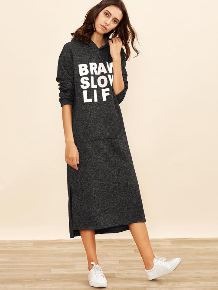 Romwe Heather Black Letter Print Side Slit Hoodie Dress