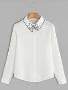 Romwe White Cat Embroidery Collar Button Shirt