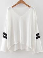 Romwe White Striped V Neck High Low Sweater