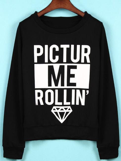 Romwe Letter Print Loose Black Sweatshirt