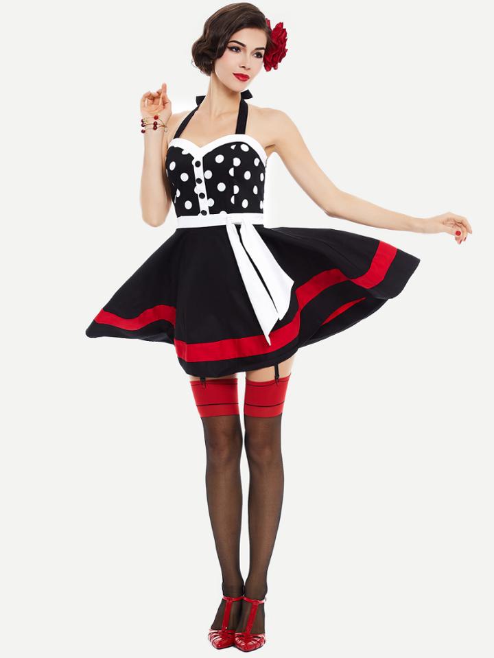 Romwe Contrast Panel Polka Dot Halter Swing Dress