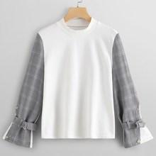 Romwe Plaid Panel Button Detail Sweatshirt