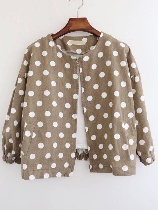 Romwe Round Neck Polka Dot Khaki Jacket