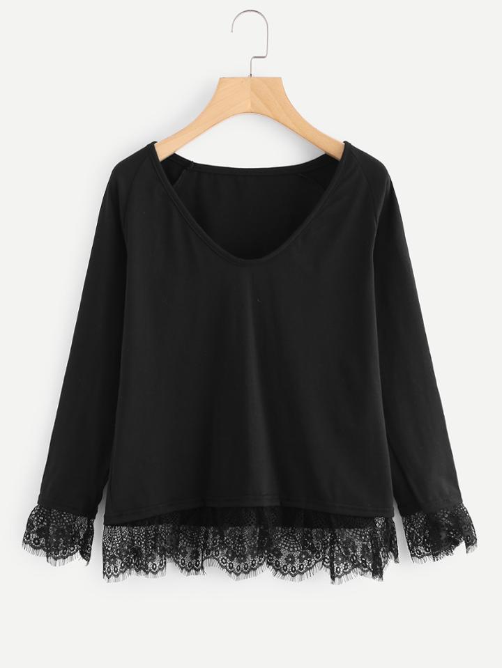 Romwe Contrast Eyelash Lace Hem Raglan Tee