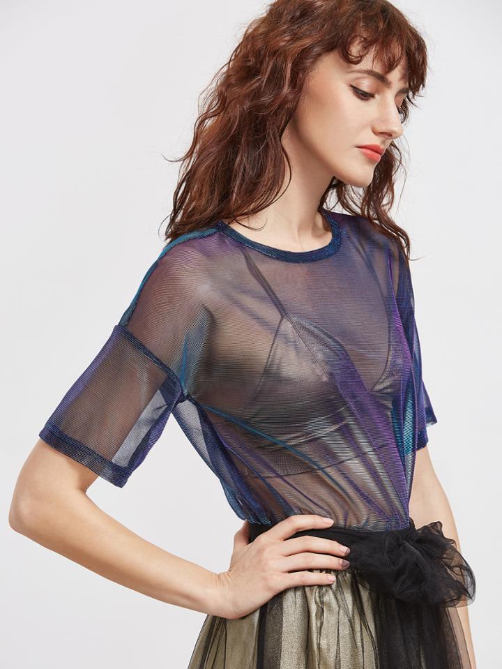 Romwe Navy Short Sleeve Sheer Mesh T-shirt