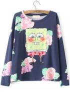 Romwe Spongebob Flower Print Navy T-shirt