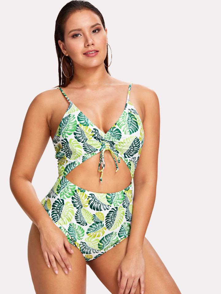Romwe Palm Print Cut Out Swimsuit
