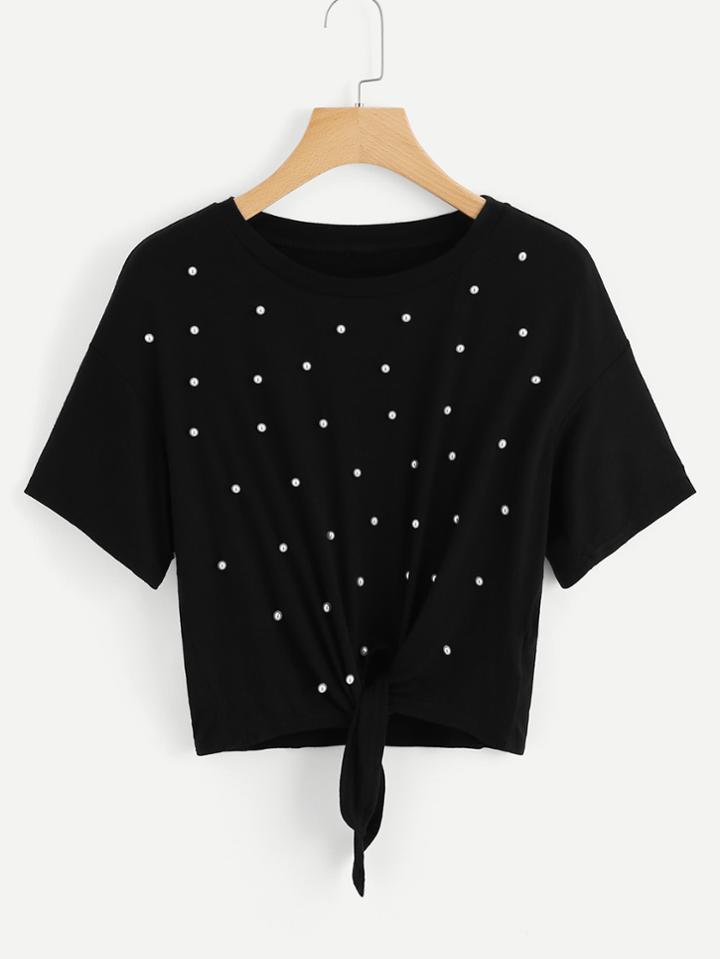 Romwe Pearl Beaded Knot Crop Tee