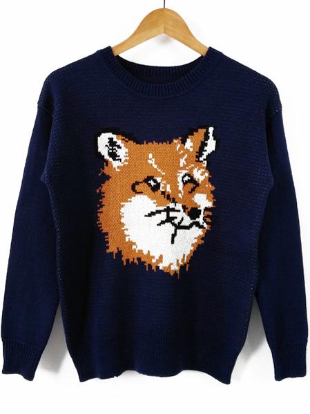 Romwe Round Neck Cartton Pattern Royal Blue Sweater