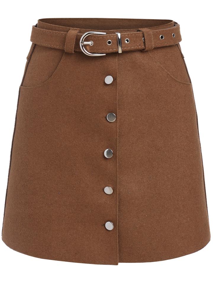 Romwe Single Breasted Belt A-line Skirt