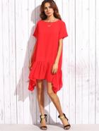 Romwe Red Ruffle Short Sleeve Asymmetrical Shift Dress