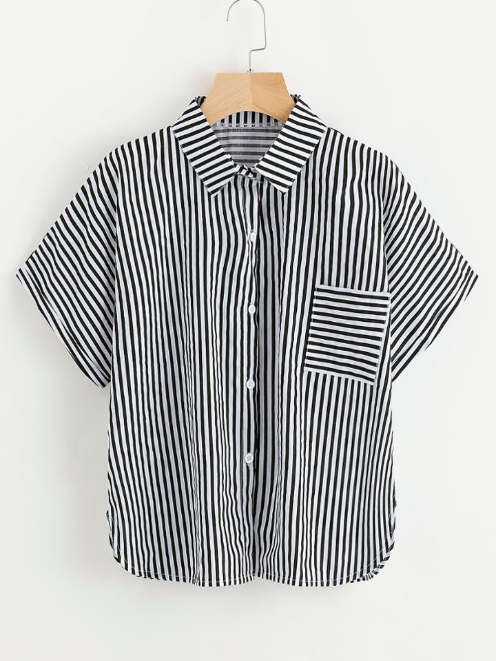 Romwe Vertical Striped Shirt With Chest Pocket