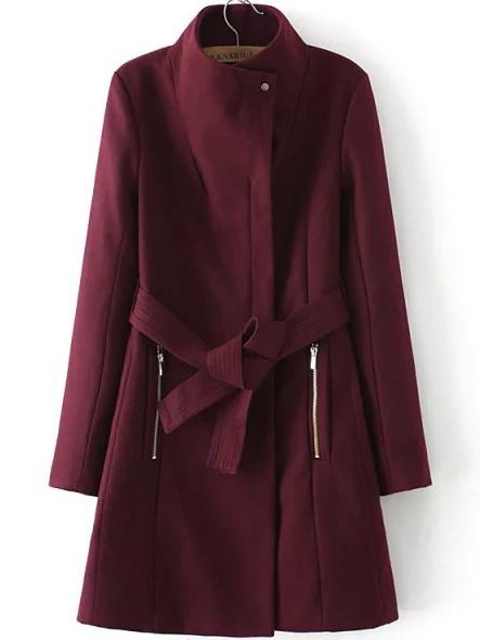 Romwe Stand Collar Classic Long Burgundy Coat