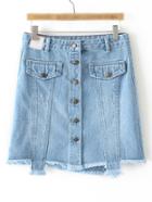 Romwe Blue Fringe Pockets Bottons Front Denim Skirt