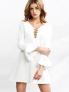Romwe White V Neck Bell Sleeve Ring Accent Dress