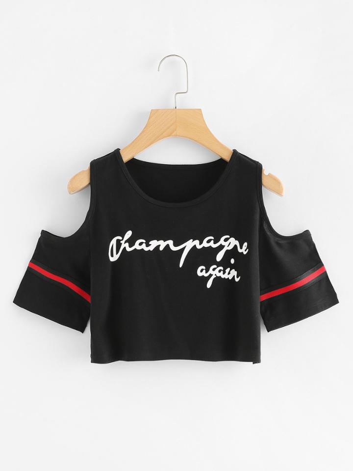 Romwe Letter Print Varsity-striped Cold Shoulder Crop Tee