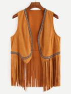 Romwe Camel Faux Suede Fringe Vest With Embroidered Tape Detail