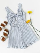 Romwe Striped Cut Out Knot Front V Back Frill Romper