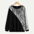 Romwe Plus Sequin Patched Two-tone Sweatshirt