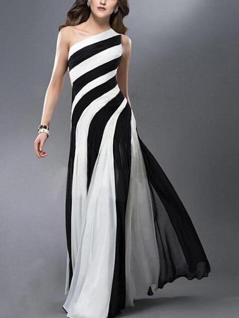 Romwe One-shoulder Cutout Contrast Stiped Dress