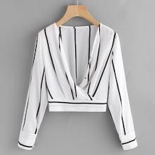 Romwe Plunge Wrap Shirred Crop Top