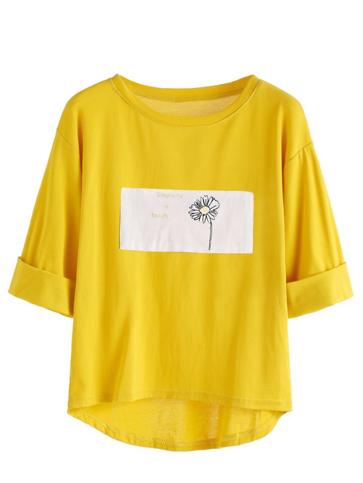 Romwe Yellow Daisy Print Patch High Low Cuffed T-shirt