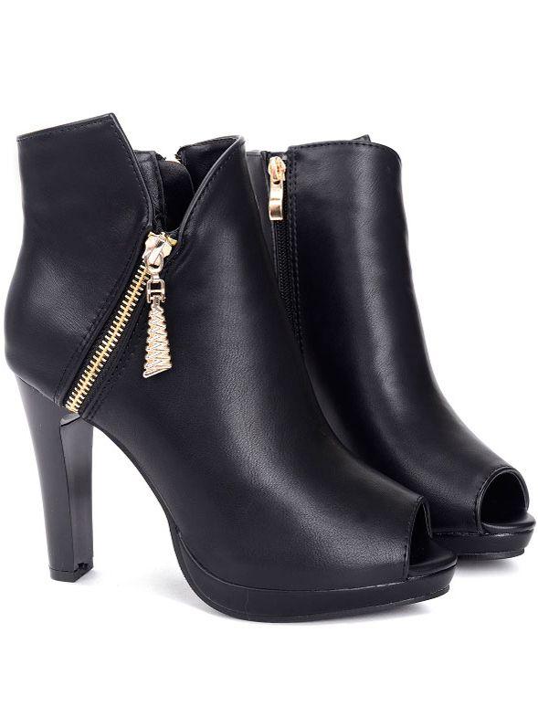 Romwe Black Peep Toe Side Zipper High Heel Short Boots