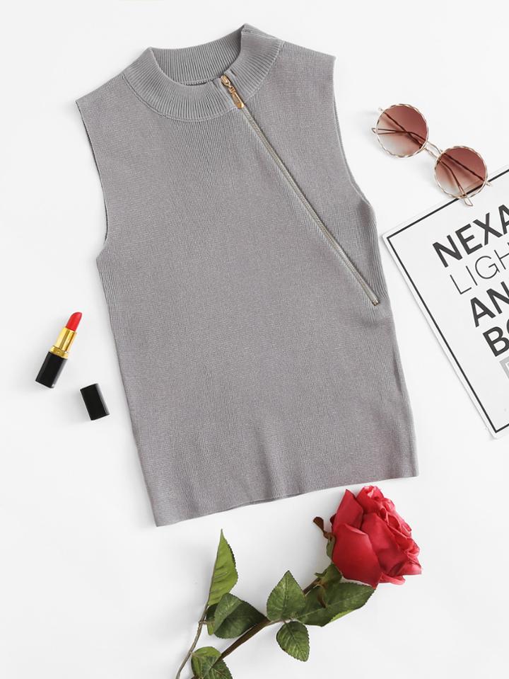 Romwe Ribbed Neck Surplice Zip Up Knit Top