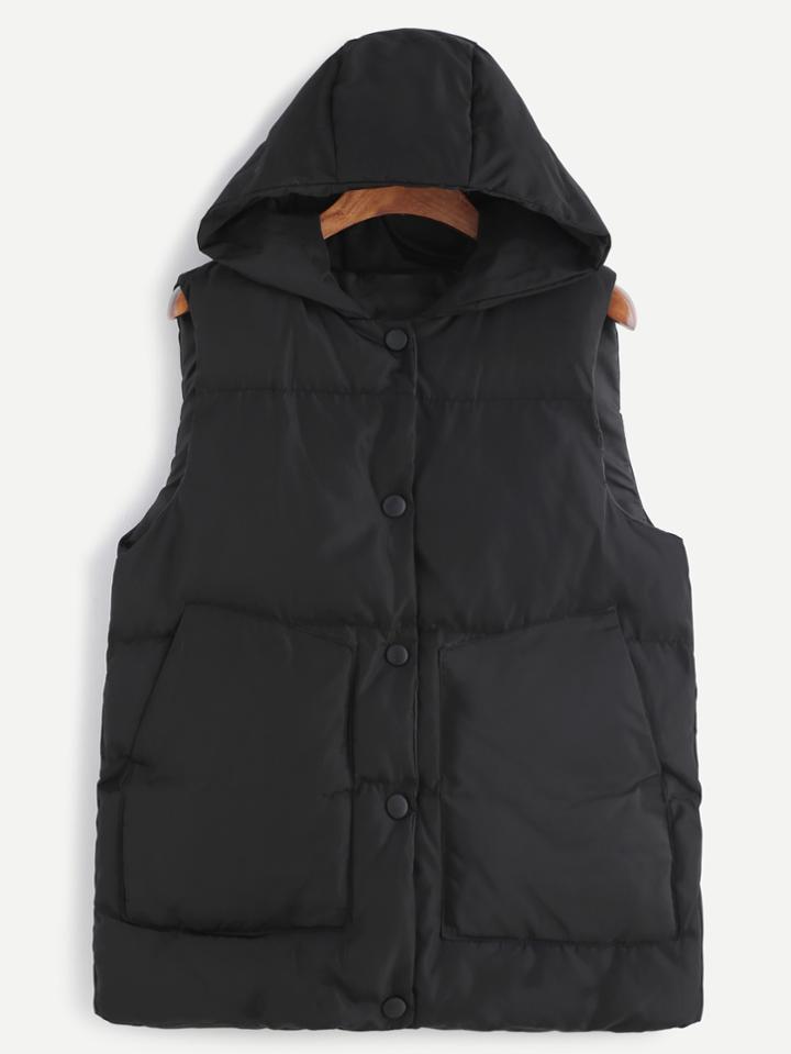 Romwe Black Dual Pocket Front Hooded Padded Vest Coat