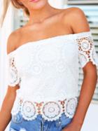 Romwe Off The Shoulder Lace Crochet Hollow Out Top
