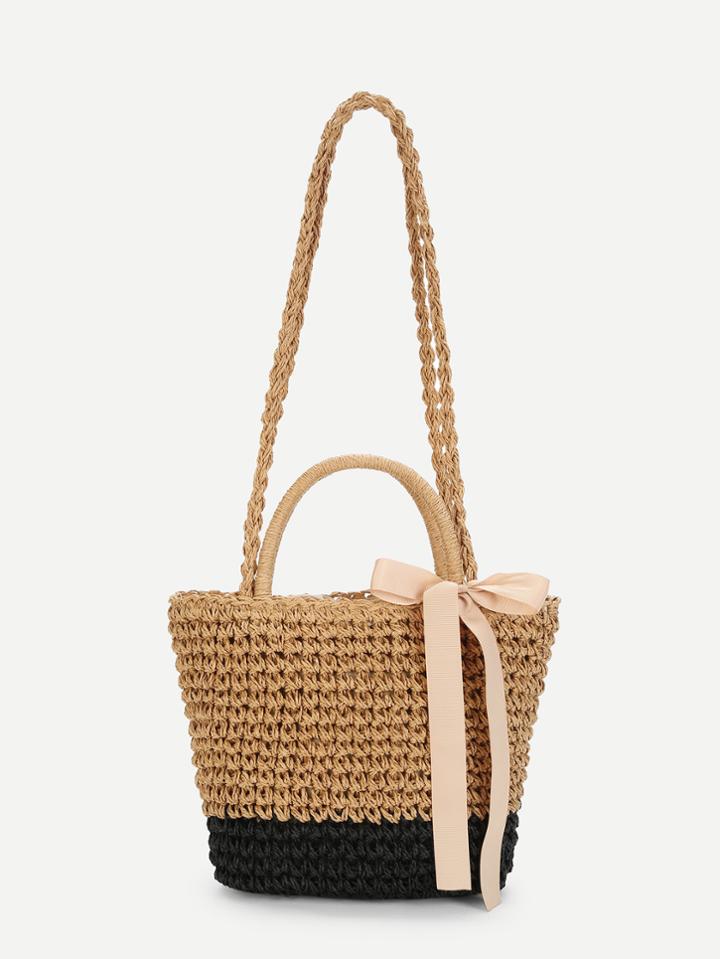 Romwe Bow Decorated Straw Crossbody Bag